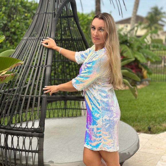 Iridescent Sequin Mini Dress – Size M for Party, Disco, formal event. Handmade - Picture 2 of 4